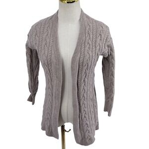 Alashan XS Fisherman Minimalist Taupe Merino Wool Cable Knit Open Front Cardigan